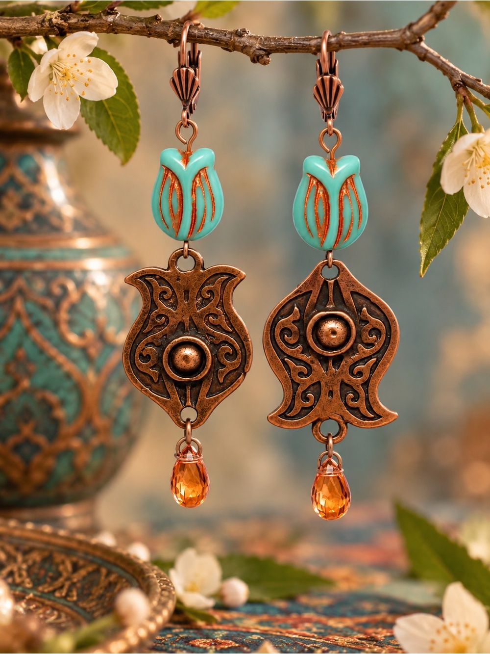 Czech Glass Turquoise Tulip Antique Copper Pomegranate Statement Earrings